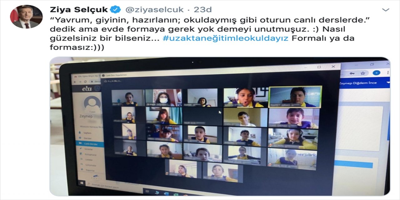 Bakan Ziya Selçuk'tan, formayla ders dinleyen öğrencilerle ilgili paylaşım:
