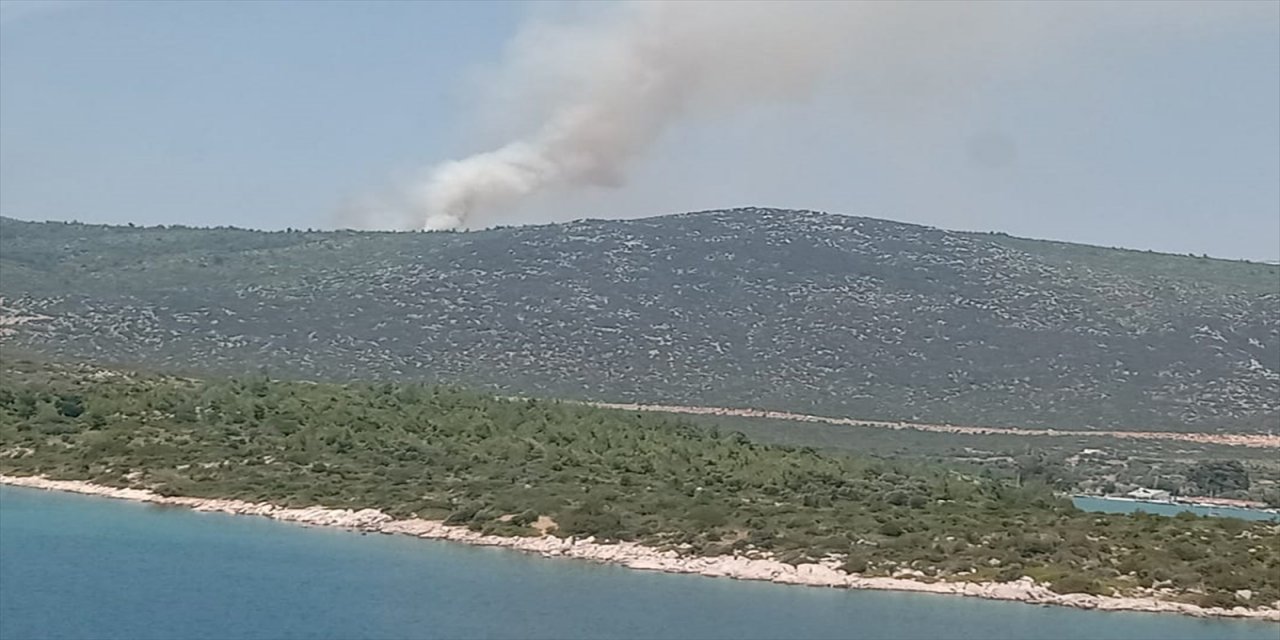 İzmir Karaburun'da makilik alanda çıkan yangına müdahale ediliyor