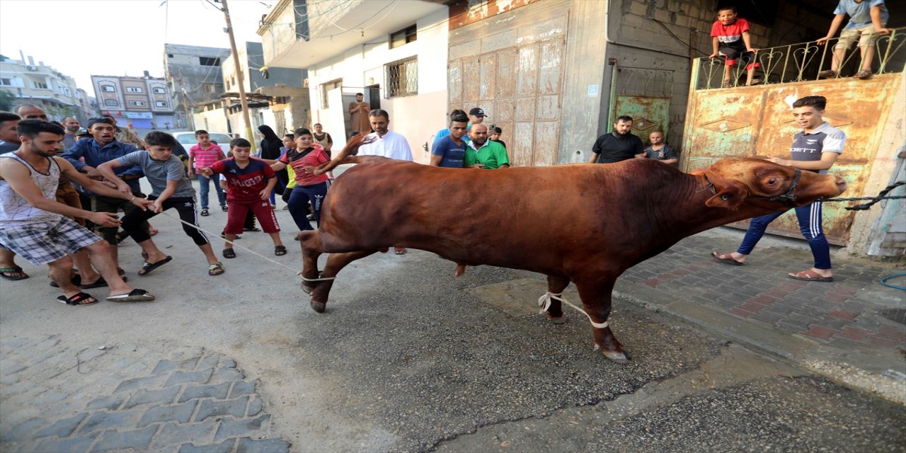 Gazze'de kurbanlıklarını kesen Filistinliler, etlerini ihtiyaç sahipleriyle paylaştı