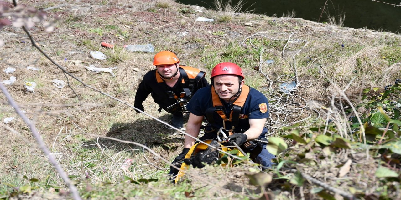 Karabük'te yamaçta mahsur kalan köpeği itfaiye kurtardı