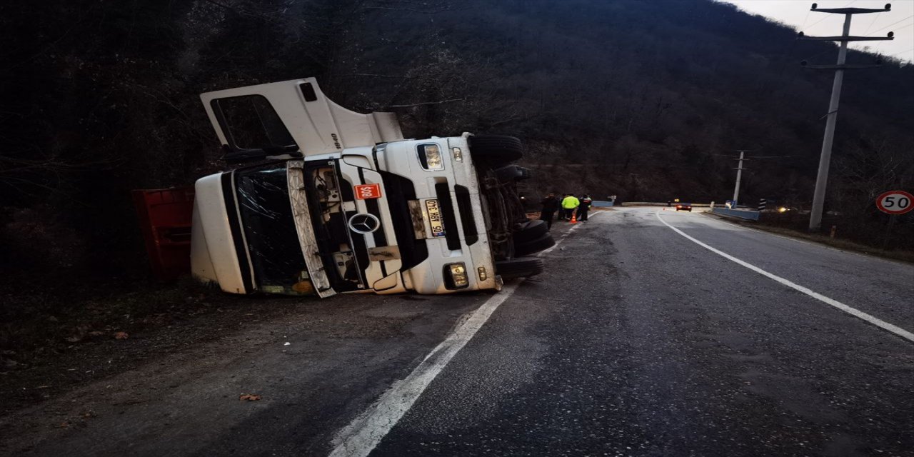 Karabük'te devrilen tırın sürücüsü yaralandı.