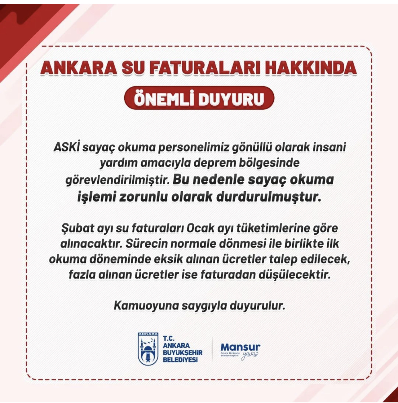 Ankara Büyükşehir Belediyesinden Duyuru!