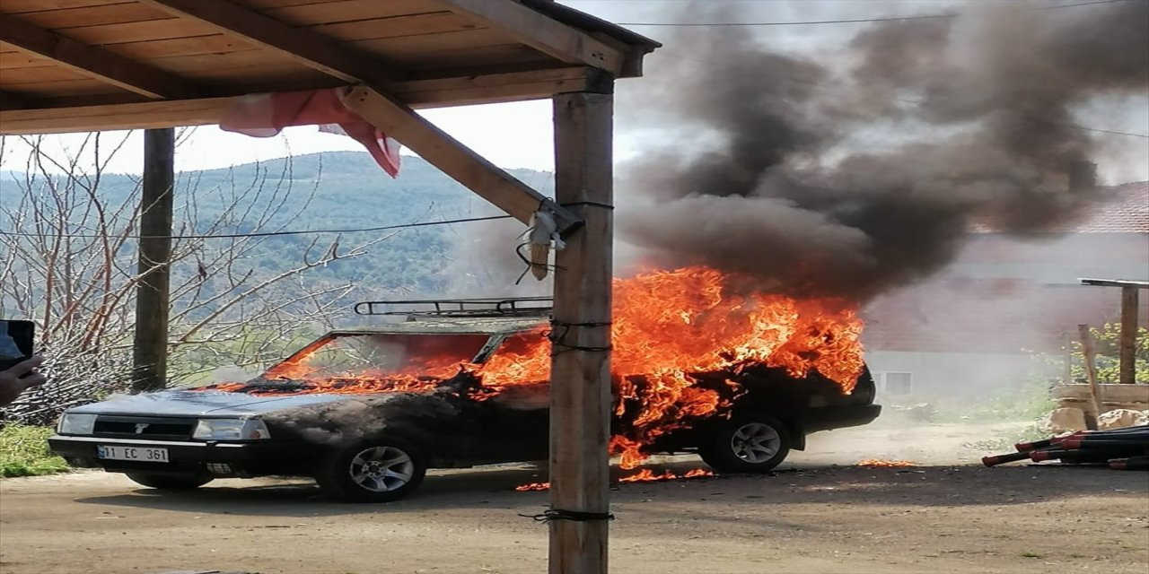 Bilecik'te park halindeki otomobil alev aldı.