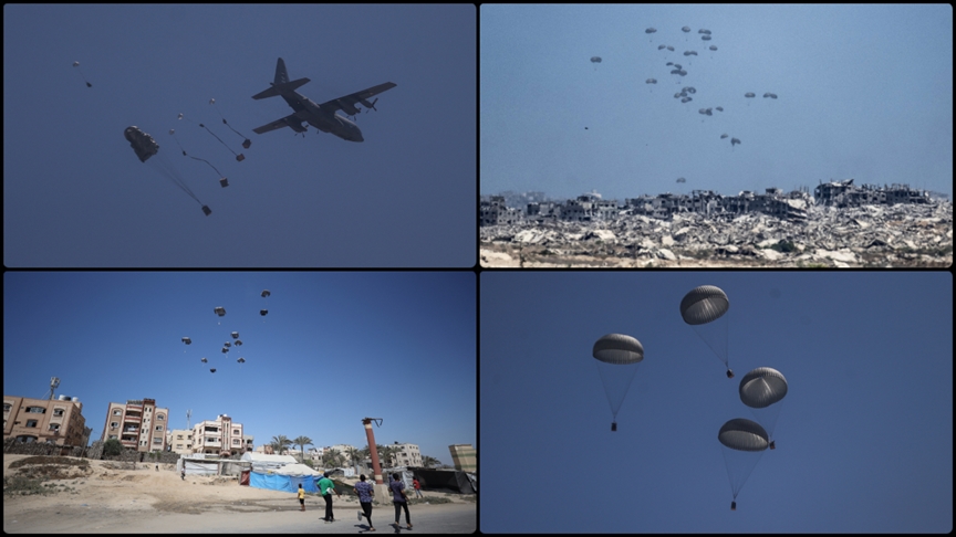 BAE ve Ürdün, bazı Avrupa ülkelerinin desteğiyle kıtlıkla boğuşan Gazze'ye havadan yardım malzemesi indirdi