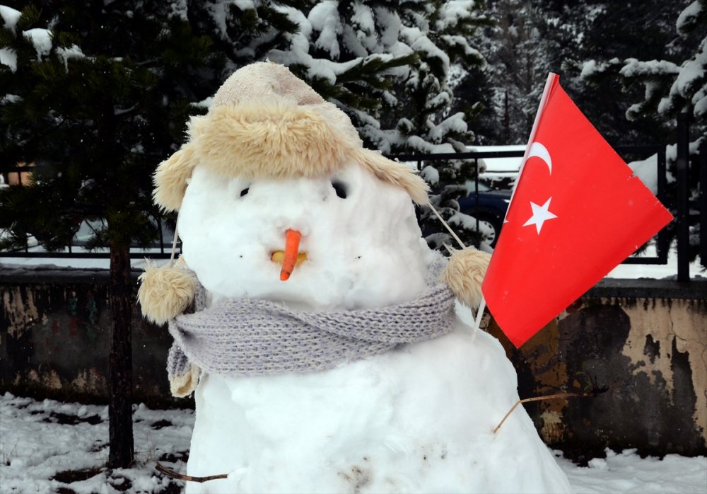 Kar kalınlığının 20 santimetreye ulaştığı Sarıkamış'ta "Kardan Adam Yarışması" düzenlendi