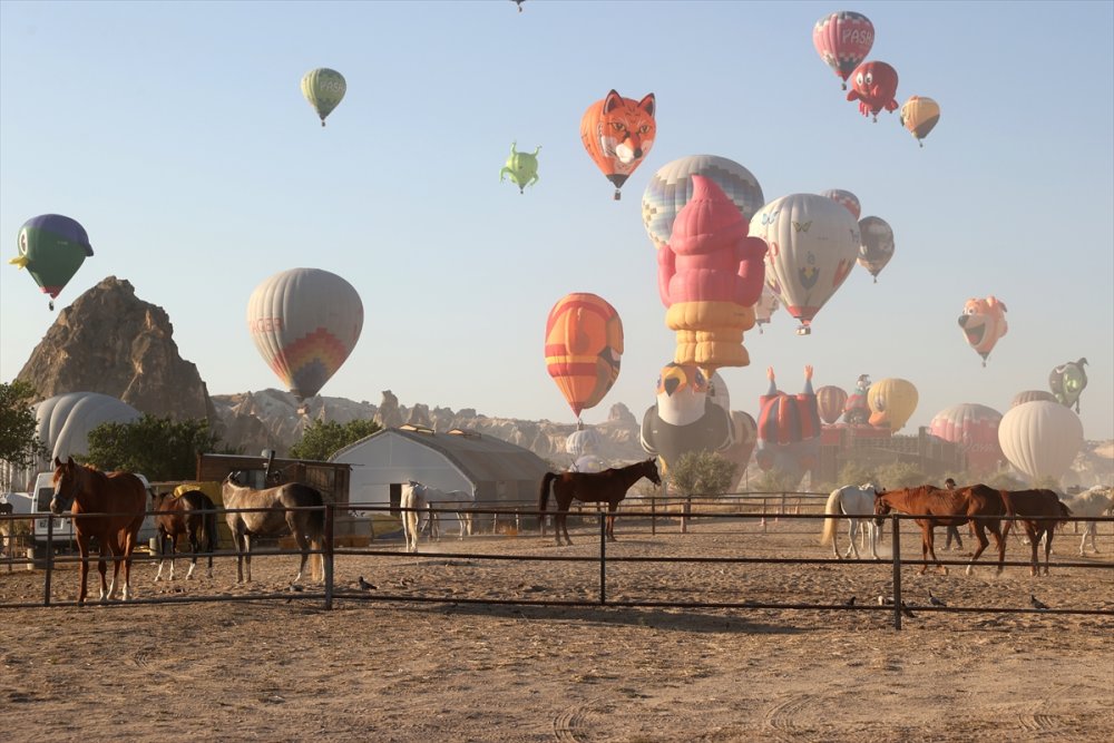 Kapadokya'da figürlü sıcak hava balonları gösteri uçuşu yaptı
